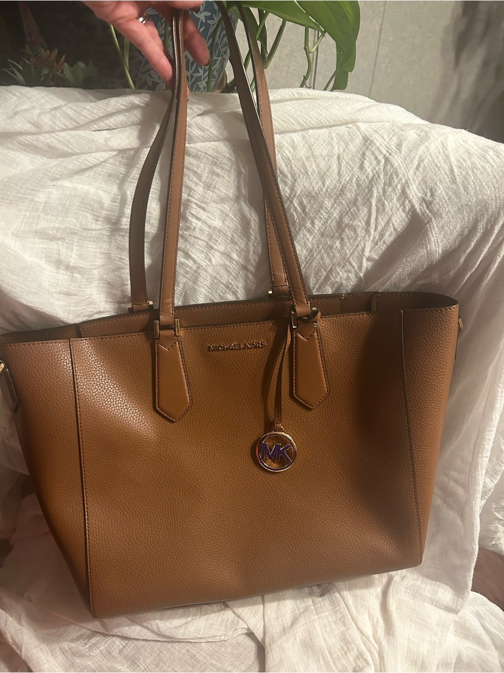 Michael Kors Cognac Pebbled Leather Tote with MK Charm